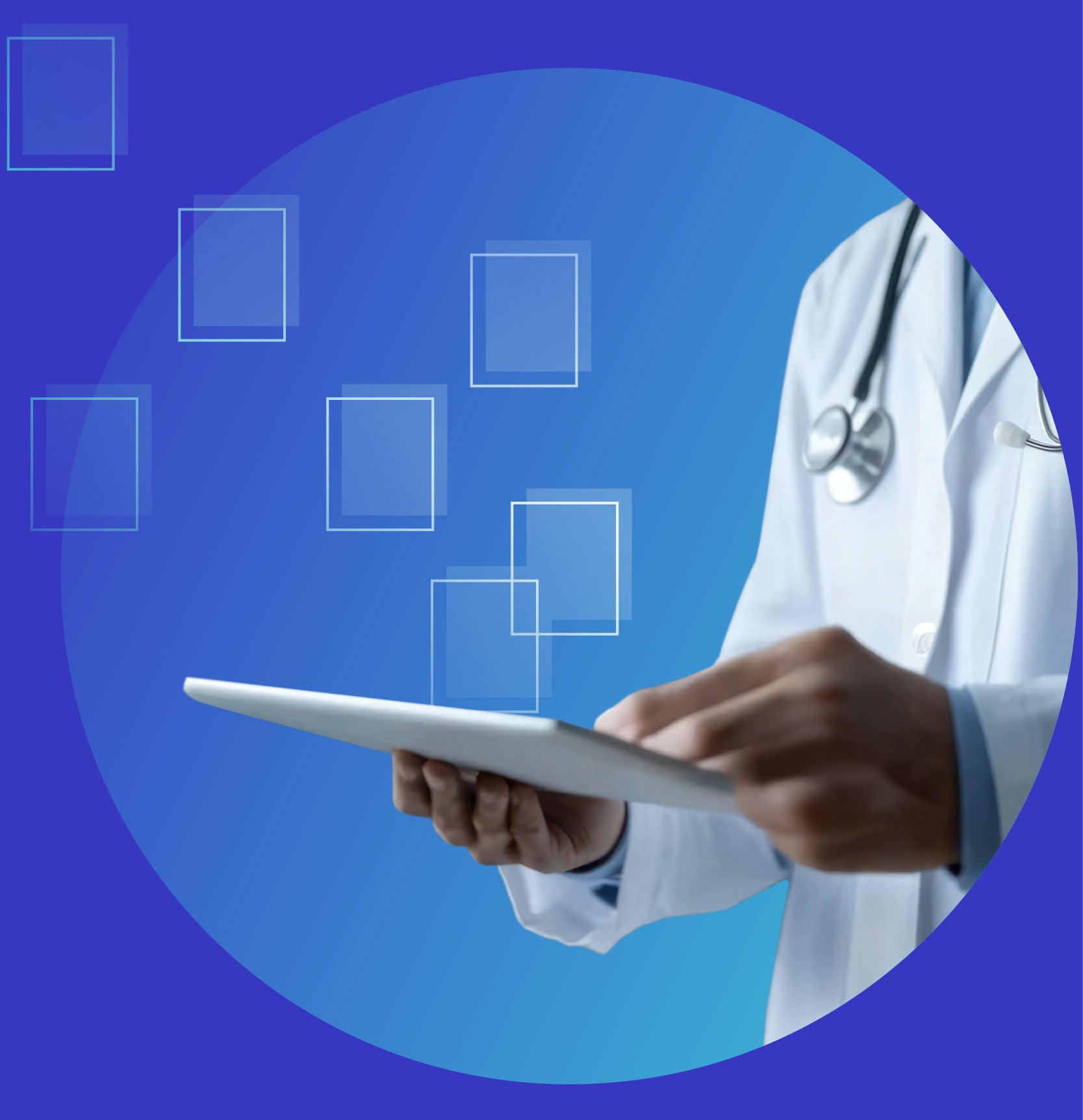 An image showing a person interacting with a tablet. 