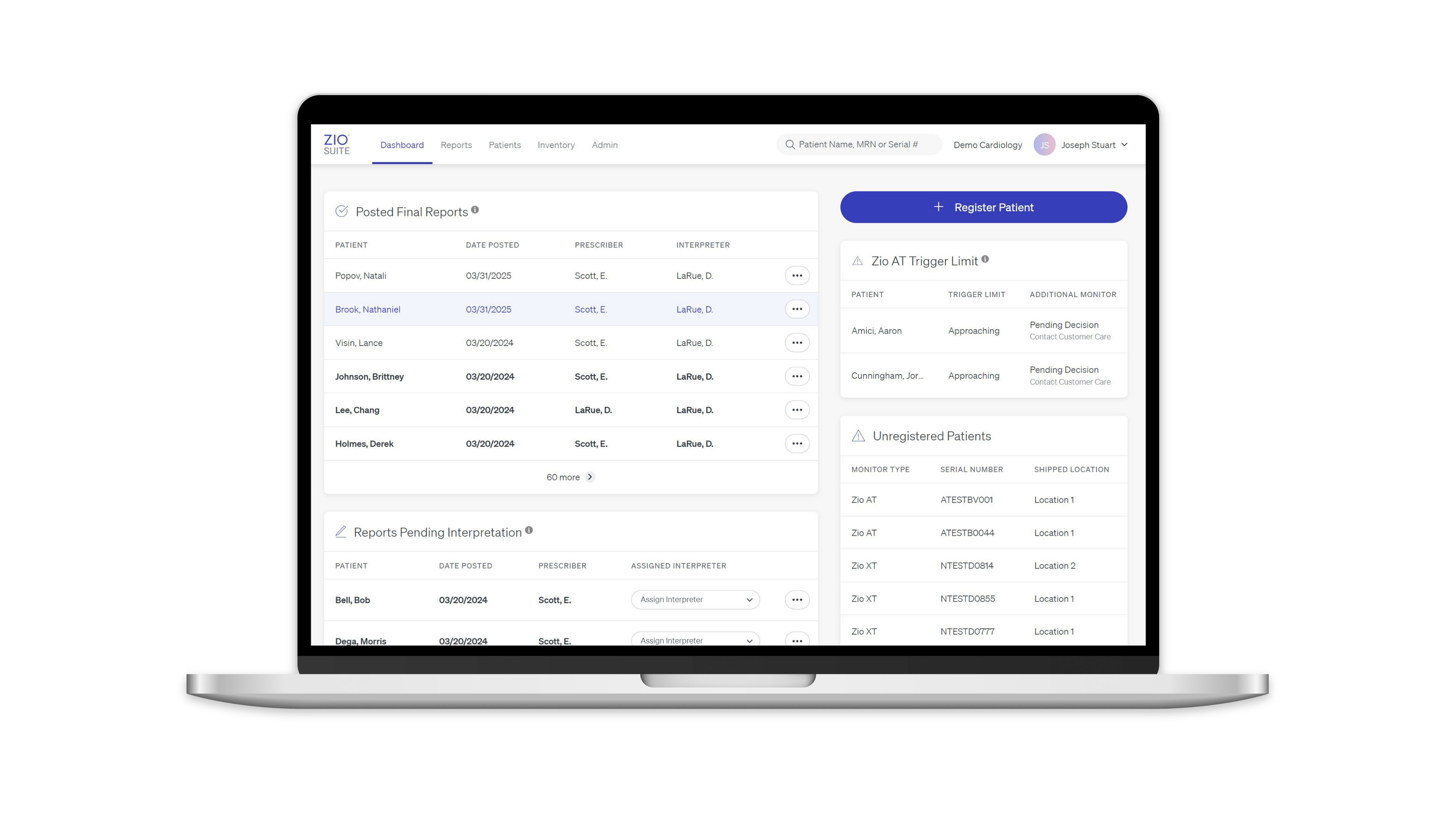 A picture of iRhythm's ZioSuite platform dashboard