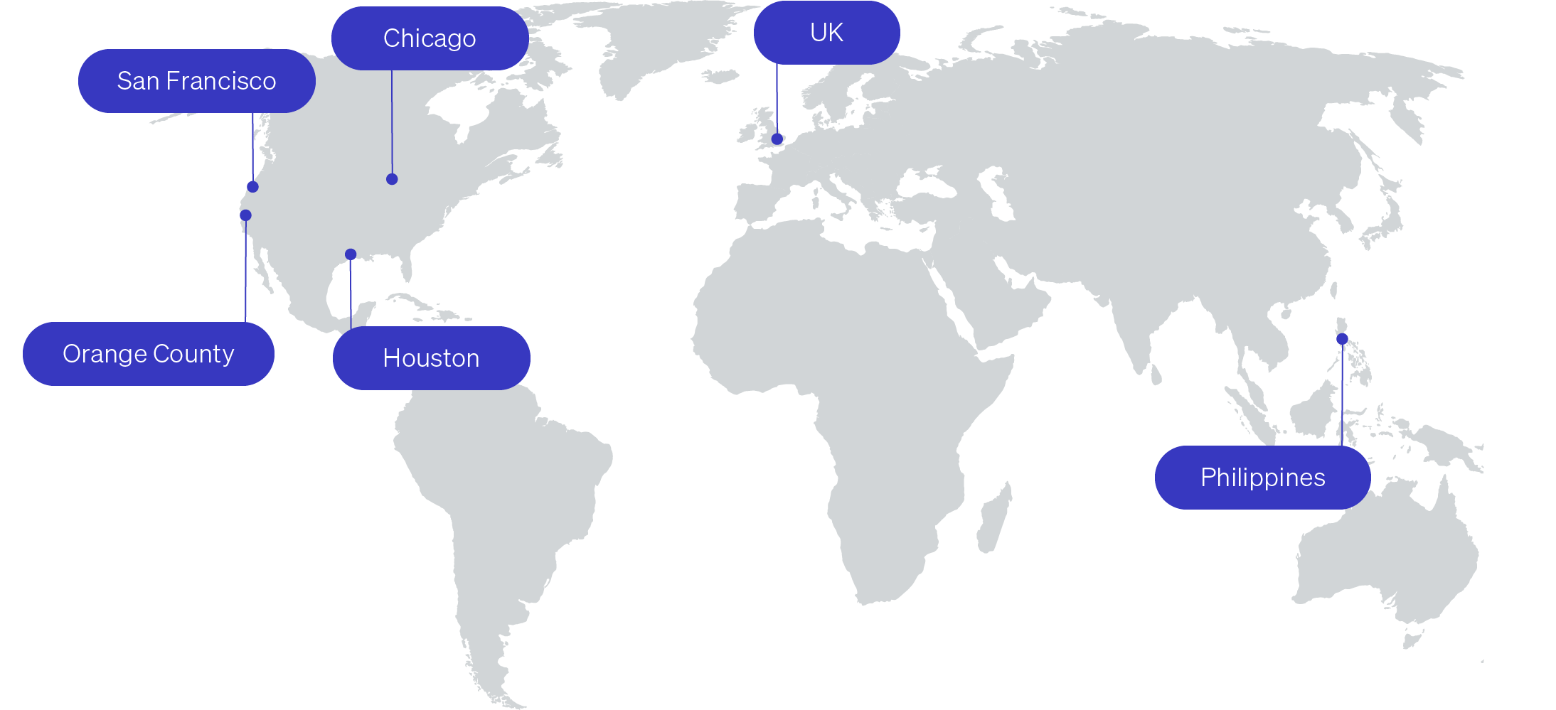 Map with San Francisco, Chicago, Orange County, Houston, UK and Philippines locations