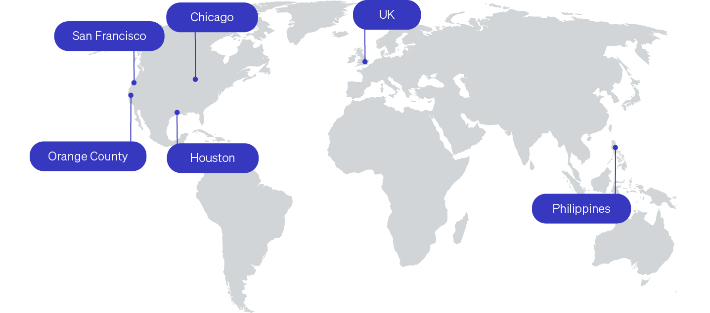 Map with San Francisco, Chicago, Orange County, Houston, UK and Philippines locations